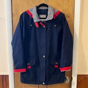 Vintage 90s Current Seen Women's Navy Blue Plaid Trim Lined Hooded Jacket Medium